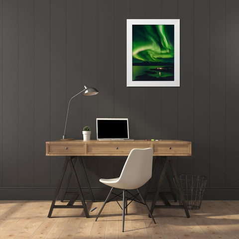Northern Lights over settlement Kuummiit. Ammassalik area in East Greenland- Danish Territory White Modern Wood Framed Art Print by Zwick, Martin