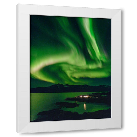 Northern Lights over settlement Kuummiit. Ammassalik area in East Greenland- Danish Territory White Modern Wood Framed Art Print by Zwick, Martin