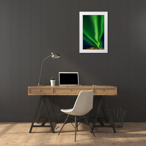 Northern Lights over settlement Kuummiit. Ammassalik area in East Greenland- Danish Territory White Modern Wood Framed Art Print by Zwick, Martin