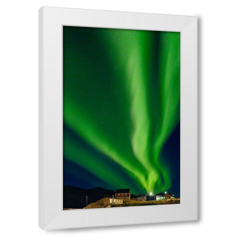 Northern Lights over settlement Kuummiit. Ammassalik area in East Greenland- Danish Territory White Modern Wood Framed Art Print by Zwick, Martin