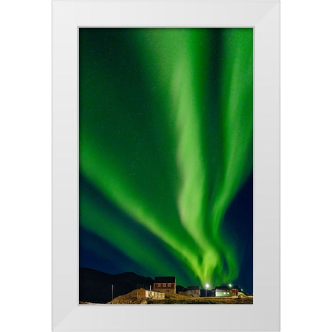 Northern Lights over settlement Kuummiit. Ammassalik area in East Greenland- Danish Territory White Modern Wood Framed Art Print by Zwick, Martin