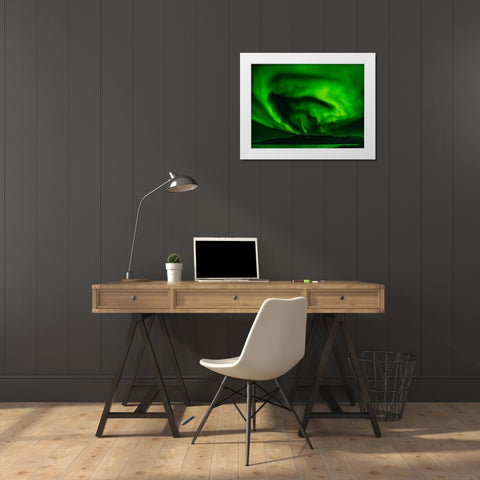 Northern lights over Angmagssalik Fjord-Greenland- Danish Territory White Modern Wood Framed Art Print by Zwick, Martin