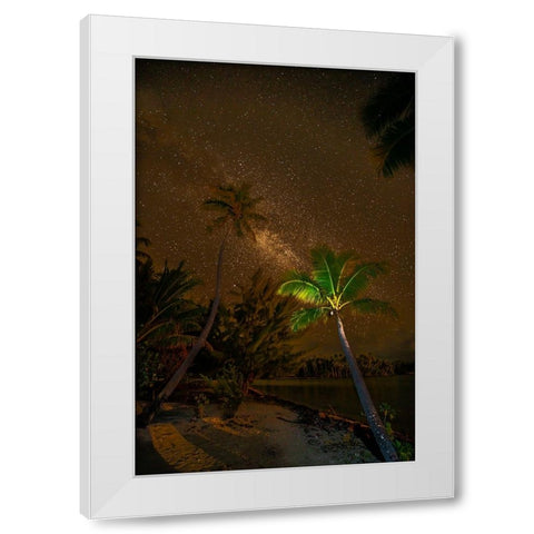 French Polynesia- Tahaa. Palm trees and night sky with Milky Way. White Modern Wood Framed Art Print by Jaynes Gallery