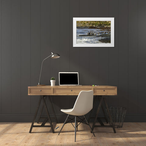 Sea Lion Island Magellanic penguins and surf White Modern Wood Framed Art Print by Illg, Cathy and Gordon