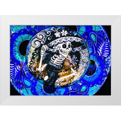 Colorful Mexican ceramic-Day of the Dead skeleton blue plate handicraft Los Cabos-Cabo San Lucas-Me White Modern Wood Framed Art Print by Perry, William