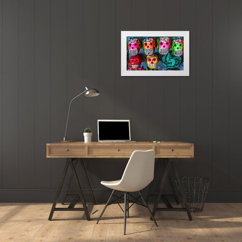 Colorful Mexican magnets-Day of the Dead handicrafts-Los Cabos-Cabo San Lucas-Mexico White Modern Wood Framed Art Print by Perry, William