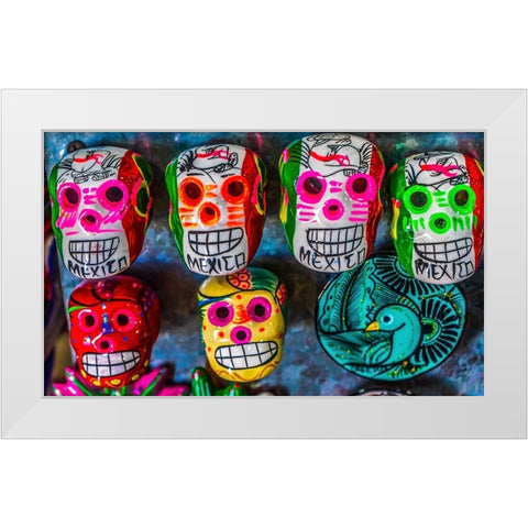 Colorful Mexican magnets-Day of the Dead handicrafts-Los Cabos-Cabo San Lucas-Mexico White Modern Wood Framed Art Print by Perry, William