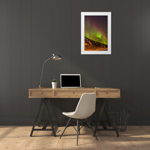 Alaska-Fairbanks Aurora borealis over mountain landscape White Modern Wood Framed Art Print by Jaynes Gallery