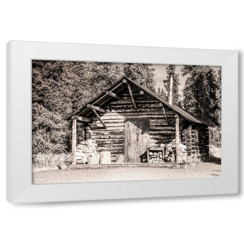 Small- rustic log home in sepia. White Modern Wood Framed Art Print by Muir, Janet