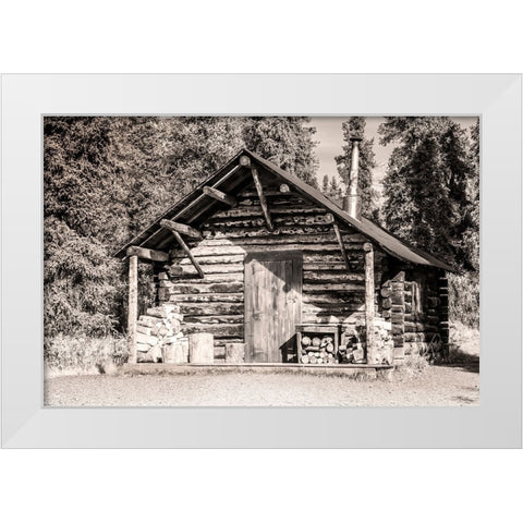 Small- rustic log home in sepia. White Modern Wood Framed Art Print by Muir, Janet