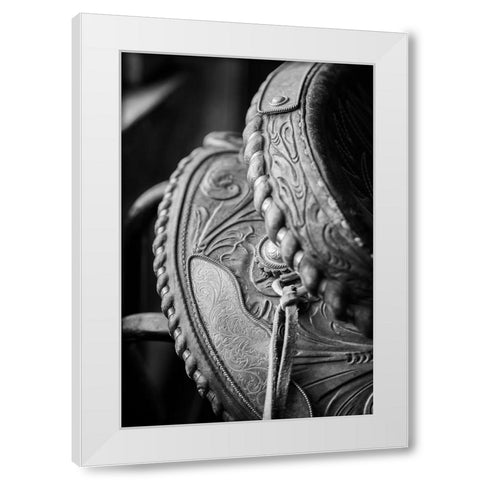 USA-Colorado-Custer County-Westcliffe-Music Meadows Ranch Tack room Tooled leather western saddle White Modern Wood Framed Art Print by Hopkins, Cindy Miller