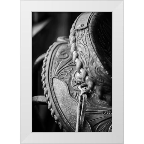 USA-Colorado-Custer County-Westcliffe-Music Meadows Ranch Tack room Tooled leather western saddle White Modern Wood Framed Art Print by Hopkins, Cindy Miller
