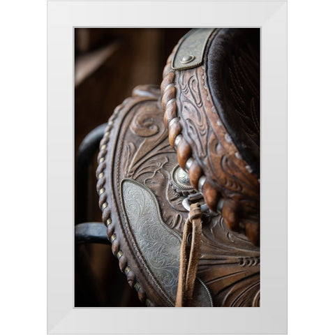 USA-Colorado-Custer County-Westcliffe-Music Meadows Ranch Tack room Tooled leather western saddle White Modern Wood Framed Art Print by Hopkins, Cindy Miller