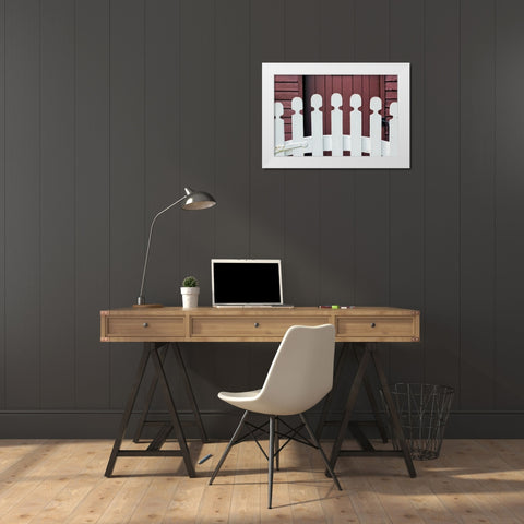 Typical white picket fence-Shaker Village of Pleasant Hill-Harrodsburg-Kentucky White Modern Wood Framed Art Print by Jones, Adam