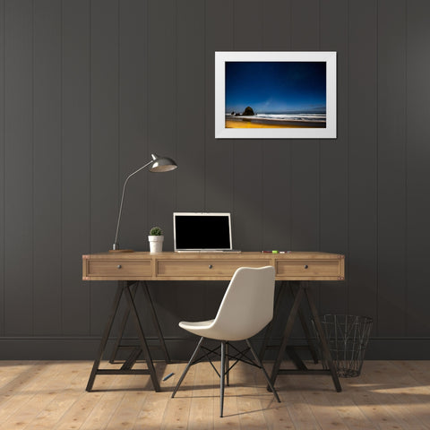 USA- Oregon. Cannon Beach and Haystack Rock stars showing during blue light. White Modern Wood Framed Art Print by Gulin, Darrell