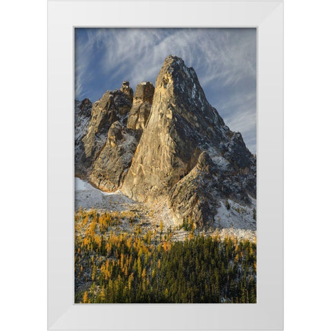 Liberty Bell Mountain Early Winters Spires-and golden autumn Larches White Modern Wood Framed Art Print by Majchrowicz, Alan