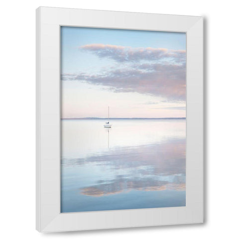 Sailboat and morning clouds reflected in calm waters of Bellingham Bay-Washington State White Modern Wood Framed Art Print by Majchrowicz, Alan