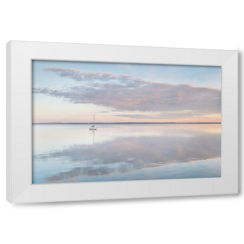 Sailboat and morning clouds reflected in calm waters of Bellingham Bay-Washington State White Modern Wood Framed Art Print by Majchrowicz, Alan