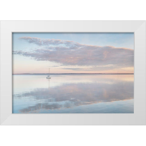 Sailboat and morning clouds reflected in calm waters of Bellingham Bay-Washington State White Modern Wood Framed Art Print by Majchrowicz, Alan