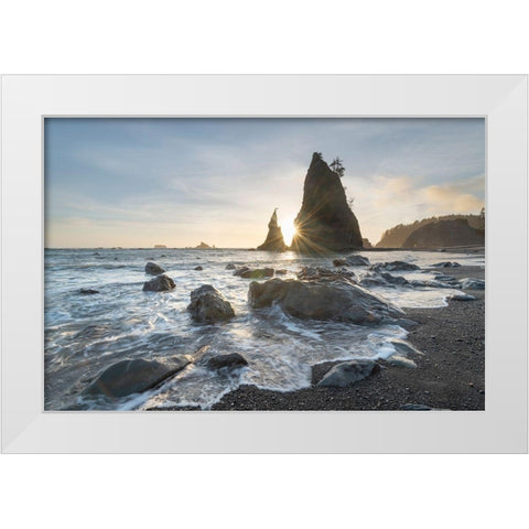Setting sun behind Split Rock on Rialto Beach-Olympic National Park White Modern Wood Framed Art Print by Majchrowicz, Alan