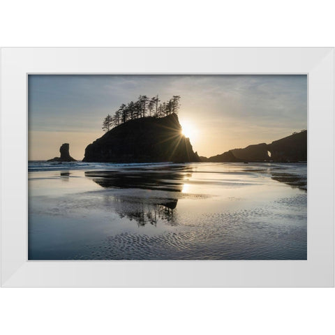 Sunset at Second Beach during low tide-Olympic National Park-Washington State White Modern Wood Framed Art Print by Majchrowicz, Alan