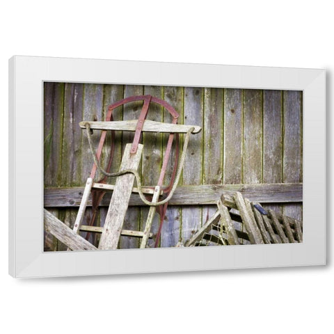 USA, Washington, Belfair Old sled in storage White Modern Wood Framed Art Print by Paulson, Don