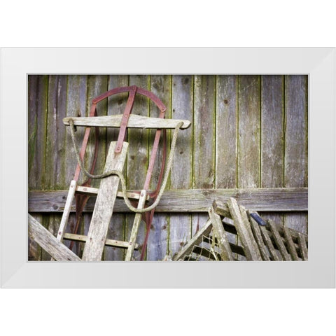 USA, Washington, Belfair Old sled in storage White Modern Wood Framed Art Print by Paulson, Don
