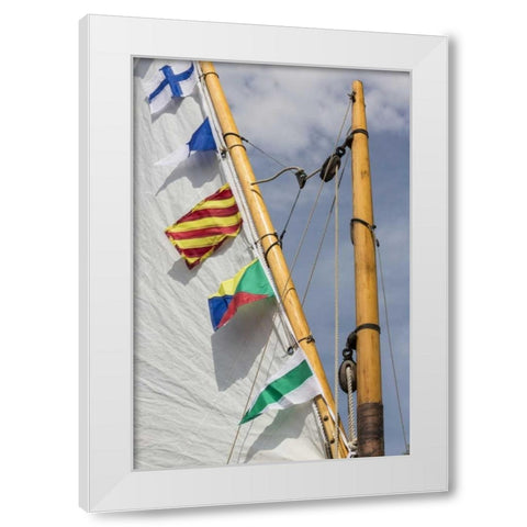 WA, Boat sail and flags at Bainbridge Island White Modern Wood Framed Art Print by Paulson, Don