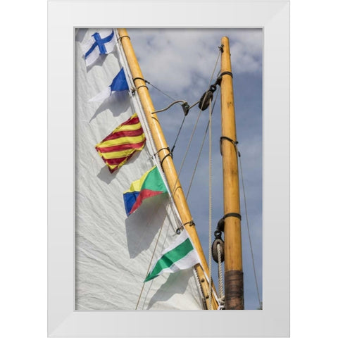 WA, Boat sail and flags at Bainbridge Island White Modern Wood Framed Art Print by Paulson, Don