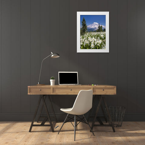 Washington Avalanche lilies and Mount Rainier White Modern Wood Framed Art Print by Paulson, Don