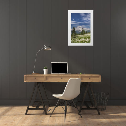 Washington Avalanche lilies and Mount Rainier White Modern Wood Framed Art Print by Paulson, Don