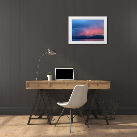 WA, Seabeck Lightning over Hood Canal White Modern Wood Framed Art Print by Paulson, Don