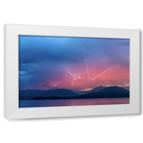 WA, Seabeck Lightning over Hood Canal White Modern Wood Framed Art Print by Paulson, Don