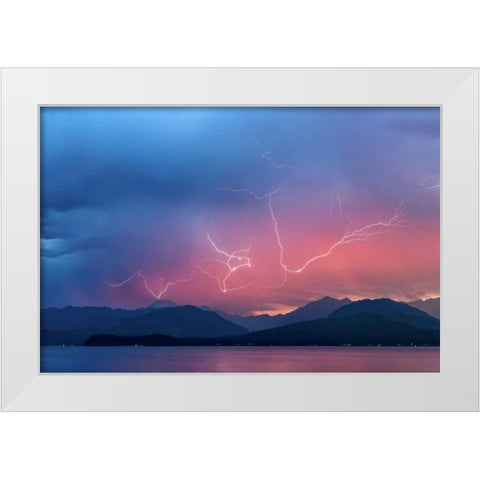 WA, Seabeck Lightning over Hood Canal White Modern Wood Framed Art Print by Paulson, Don