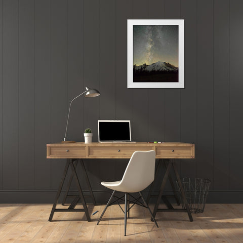 The lights of climbers can be seen on the mountain as the Milky Way rises behind Mt Rainier White Modern Wood Framed Art Print by Probst, Greg