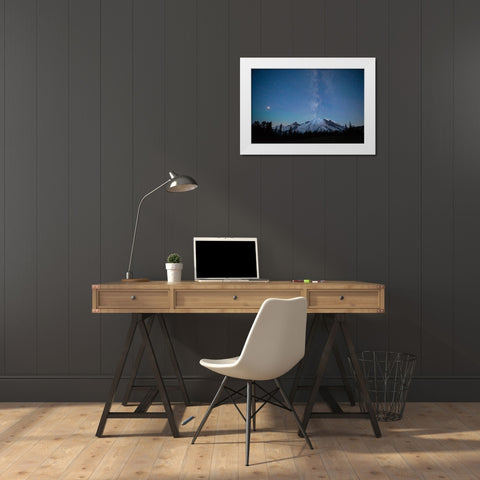 The lights of climbers can be seen on the mountain as the Milky Way rises behind Mt Rainier White Modern Wood Framed Art Print by Probst, Greg