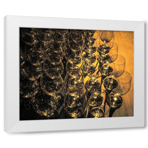 Washington State-Walla Walla Pattern of empty wine glasses in rich sunlight on wooden table White Modern Wood Framed Art Print by Duval, Richard