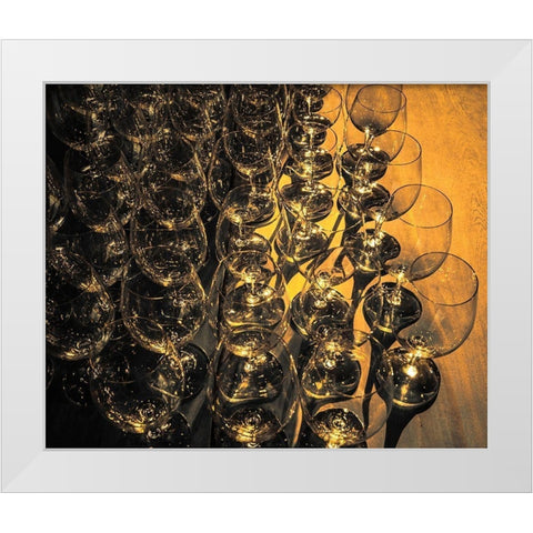 Washington State-Walla Walla Pattern of empty wine glasses in rich sunlight on wooden table White Modern Wood Framed Art Print by Duval, Richard