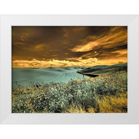 USA-Washington State-Palouse-Spring Poppies and Backcountry road through wheat field and clouds White Modern Wood Framed Art Print by Eggers, Terry
