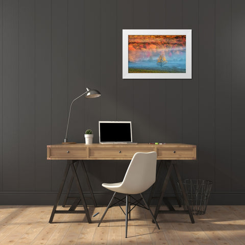 WV, Davis Mist and forest in autumn color White Modern Wood Framed Art Print by OBrien, Jay