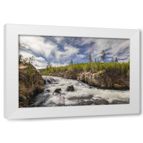 Cascading Firehole River and clouds-Yellowstone National Park-Wyoming White Modern Wood Framed Art Print by Jones, Adam