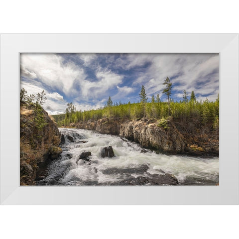 Cascading Firehole River and clouds-Yellowstone National Park-Wyoming White Modern Wood Framed Art Print by Jones, Adam