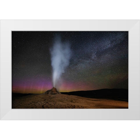 Wyoming-Yellowstone National Park Aurora and Milky Way above erupting White Dome Geyser White Modern Wood Framed Art Print by Jaynes Gallery