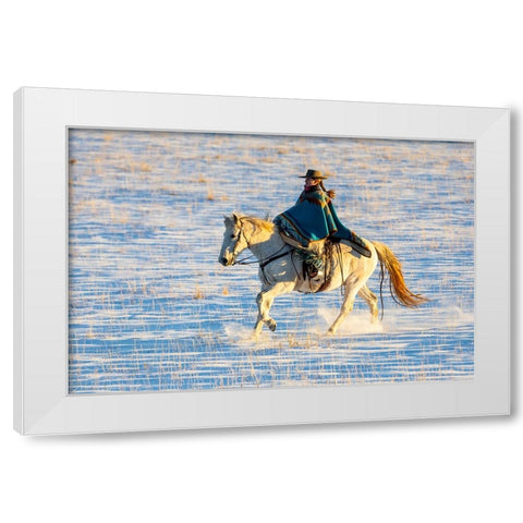 USA- Shell- Wyoming. Hideout Ranch cowgirl riding her horse in the snow. White Modern Wood Framed Art Print by Gulin, Darrell