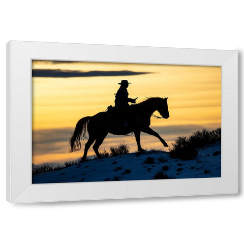 USA- Shell- Wyoming. Hideout Ranch cowgirl silhouetted on horseback at sunset. White Modern Wood Framed Art Print by Gulin, Darrell