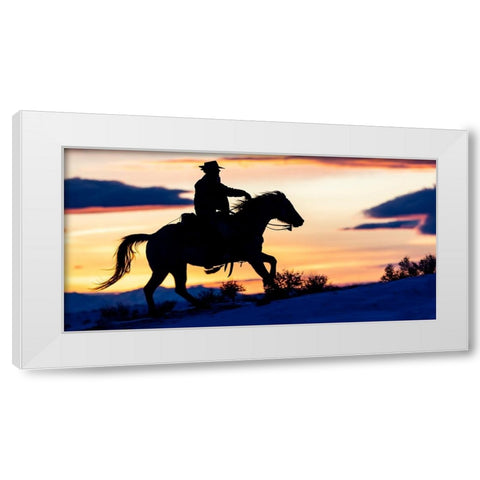 USA- Shell- Wyoming. Hideout Ranch cowgirl silhouetted on horseback at sunset. White Modern Wood Framed Art Print by Gulin, Darrell