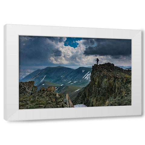 Male climber on ridge-Absaroka Mountains near Cody and Meeteetse-Wyoming-Washakie Wilderness White Modern Wood Framed Art Print by Garber, Howie