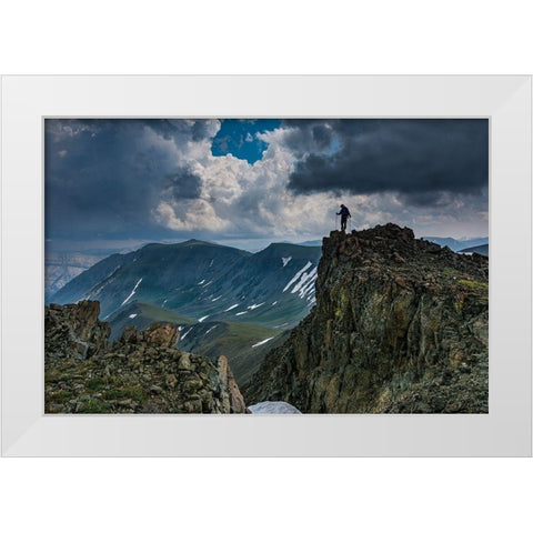 Male climber on ridge-Absaroka Mountains near Cody and Meeteetse-Wyoming-Washakie Wilderness White Modern Wood Framed Art Print by Garber, Howie