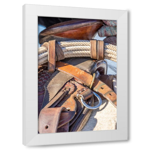 USA- Wyoming. Hideout Horse Ranch- saddle detail. White Modern Wood Framed Art Print by Looney, Hollice
