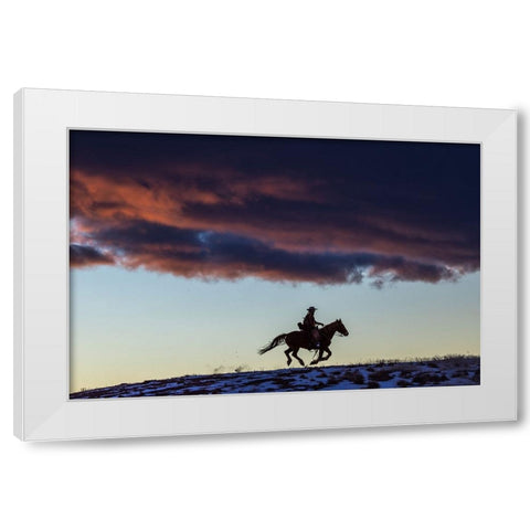 USA- Wyoming. Hideout Horse Ranch- wrangler and horse at sunset. White Modern Wood Framed Art Print by Looney, Hollice